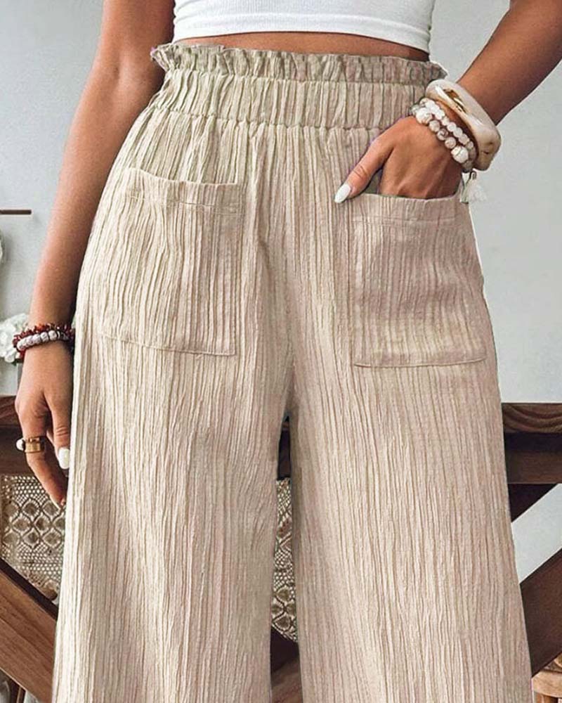 Pantalon Poche Appliquée Unie Taille Élastique Décontracté