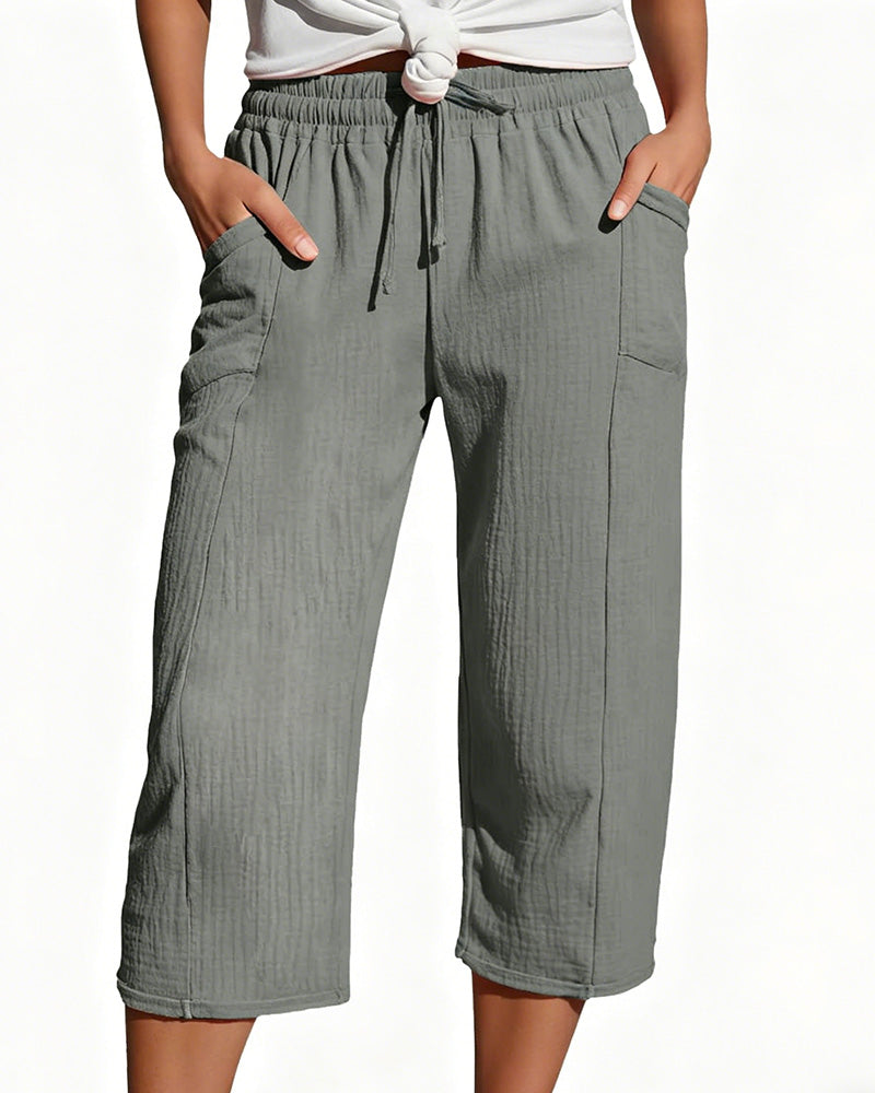 Pantalon Unie Cordon De Serrage Jambe Large Racourci