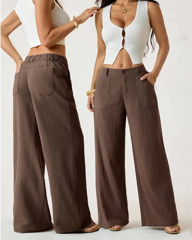 Pantalon Taille Élastique Poche Décontracté Large Jambe