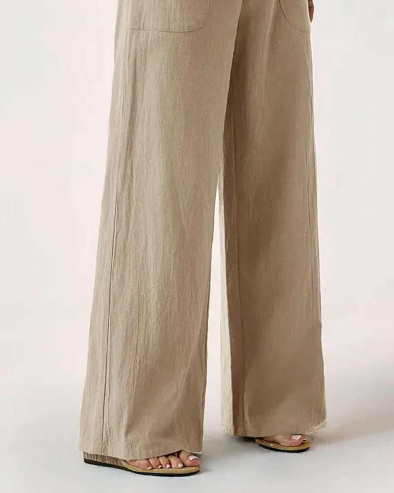Pantalon Taille Élastique Poche Décontracté Large Jambe
