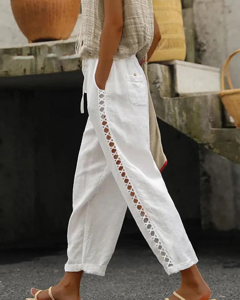 Pantalon évidé en coton et lin