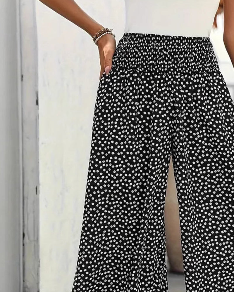 Pantalon Pois Amples Taille Haute Large