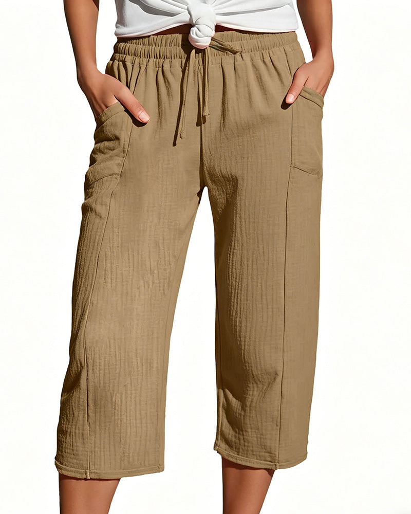 Pantalon Unie Cordon De Serrage Jambe Large Racourci