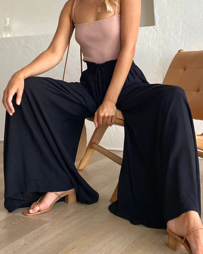 Pantalon Taille Haute De Couleur Unie