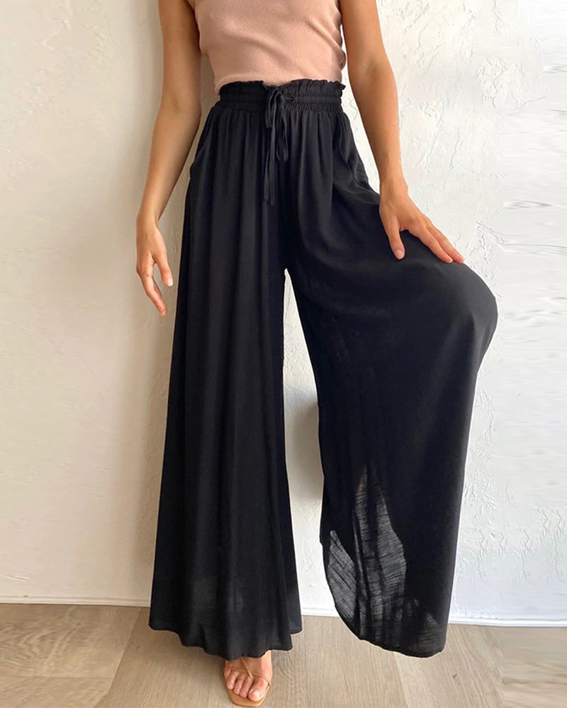 Pantalon Taille Haute De Couleur Unie