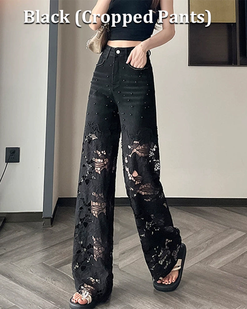 Jeans Femme Strass Découpé Jambe Large