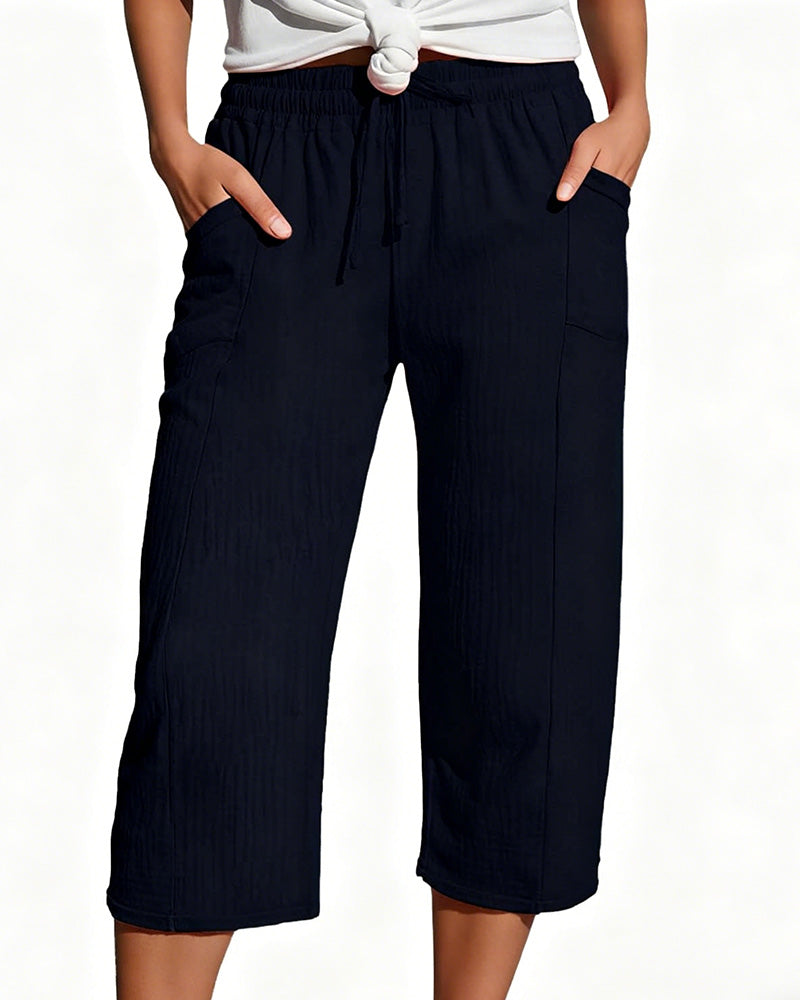 Pantalon Unie Cordon De Serrage Jambe Large Racourci