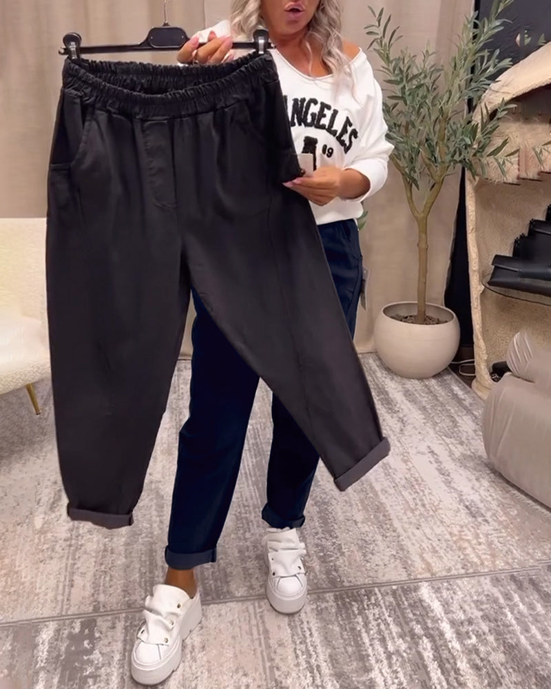 Pantalon décontracté de couleur unie avec poche