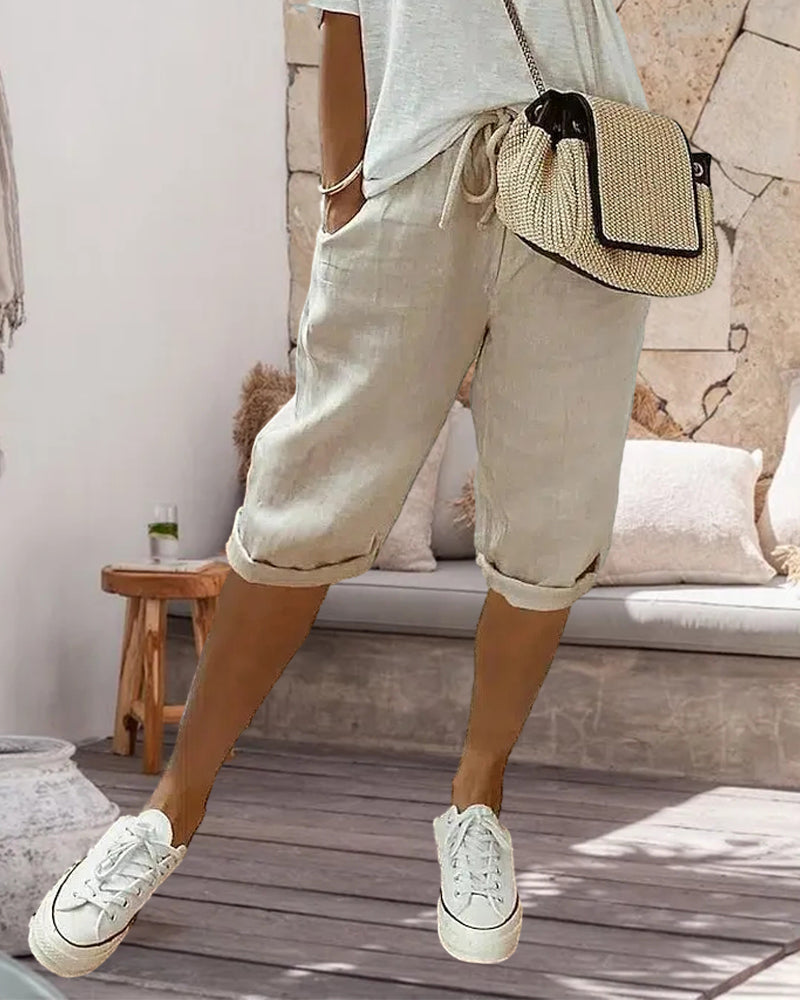 Pantalon confortable avec cordon de serrage de couleur unie