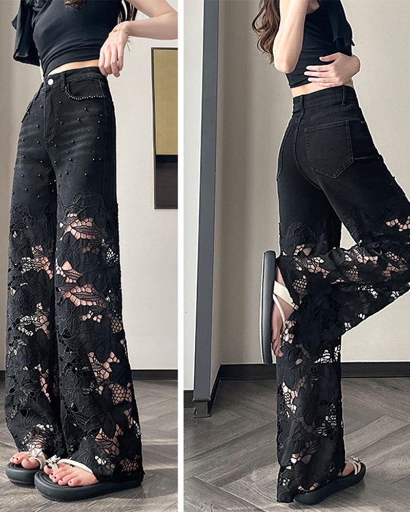 Jeans Femme Strass Découpé Jambe Large