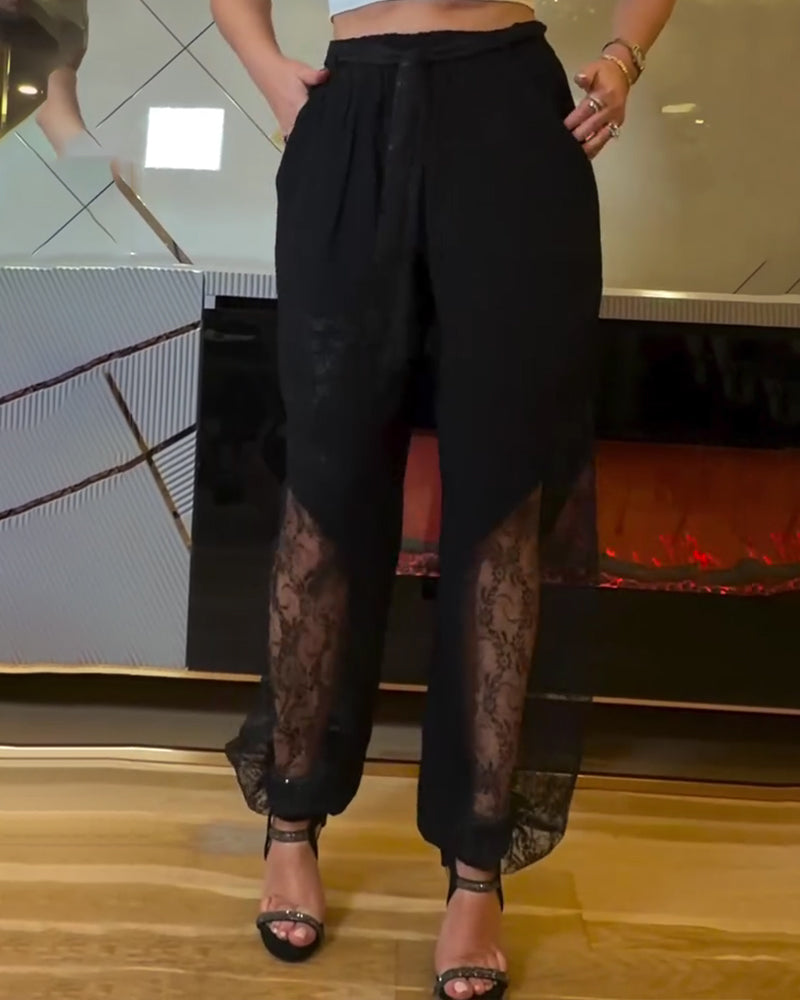 Pantalon Dentelle Patchwork Taille Élastique Lanterne