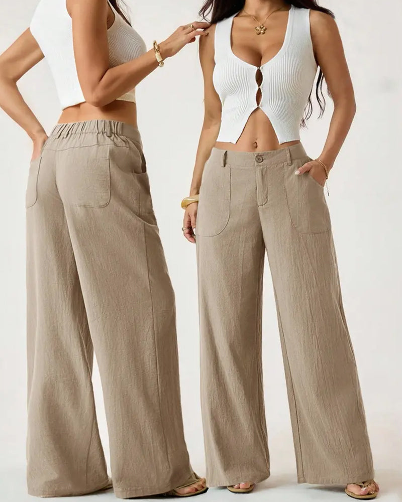 Pantalon Taille Élastique Poche Décontracté Large Jambe