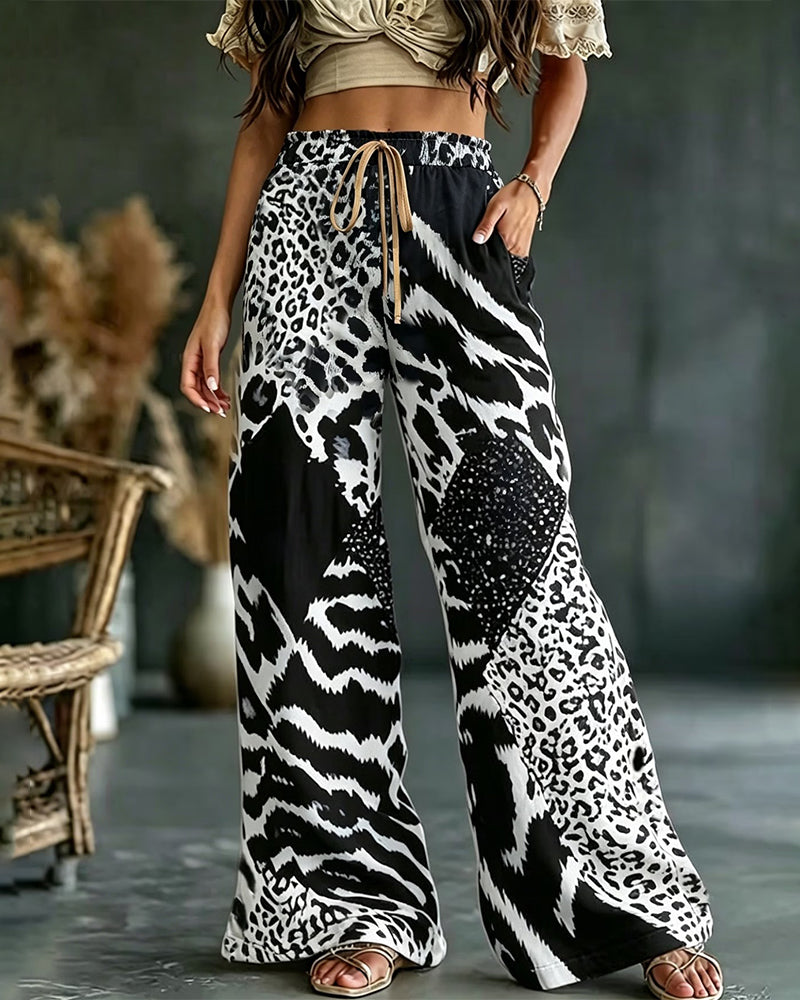 Pantalon Léopard Imprimé Patchwork Jambe Large Casual