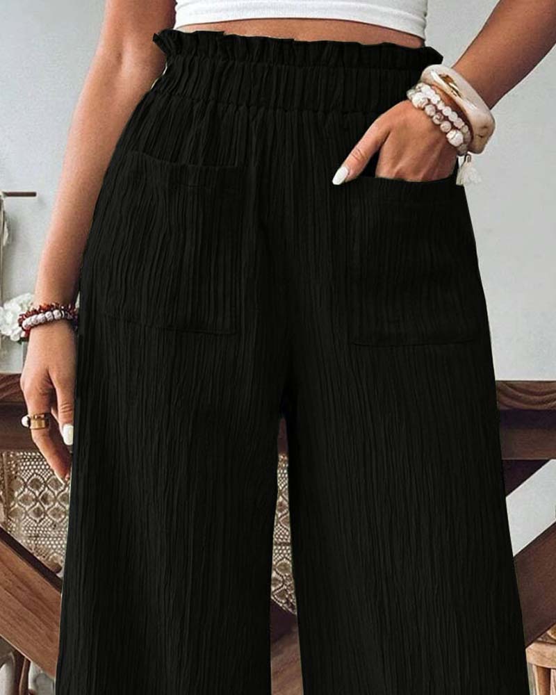 Pantalon Poche Appliquée Unie Taille Élastique Décontracté