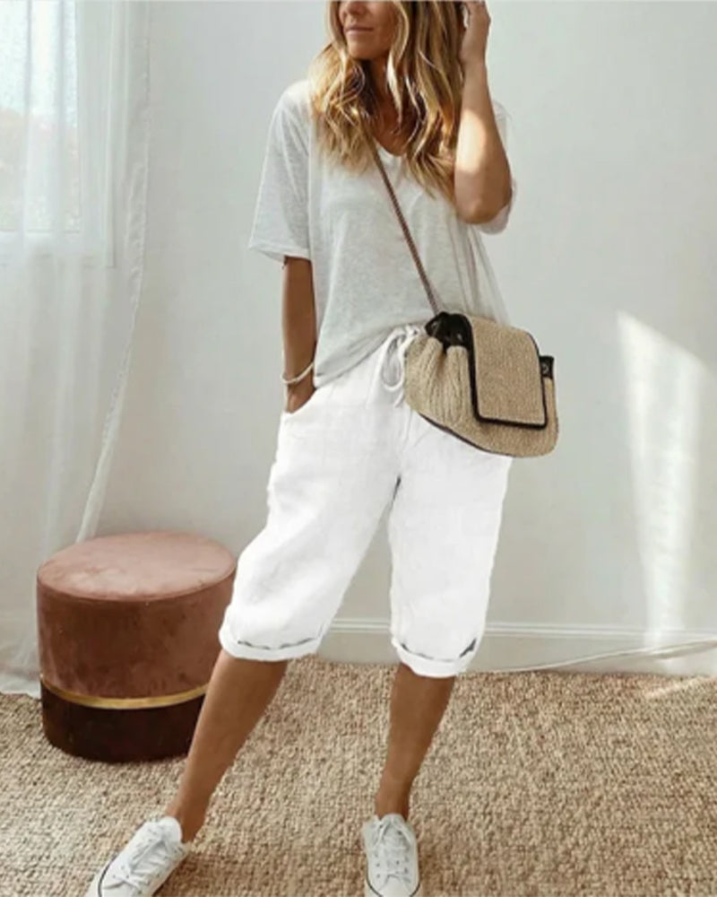 Pantalon confortable avec cordon de serrage de couleur unie