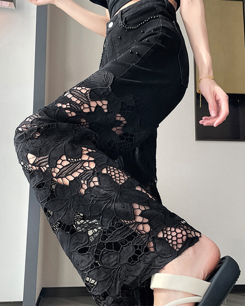 Jeans Femme Strass Découpé Jambe Large