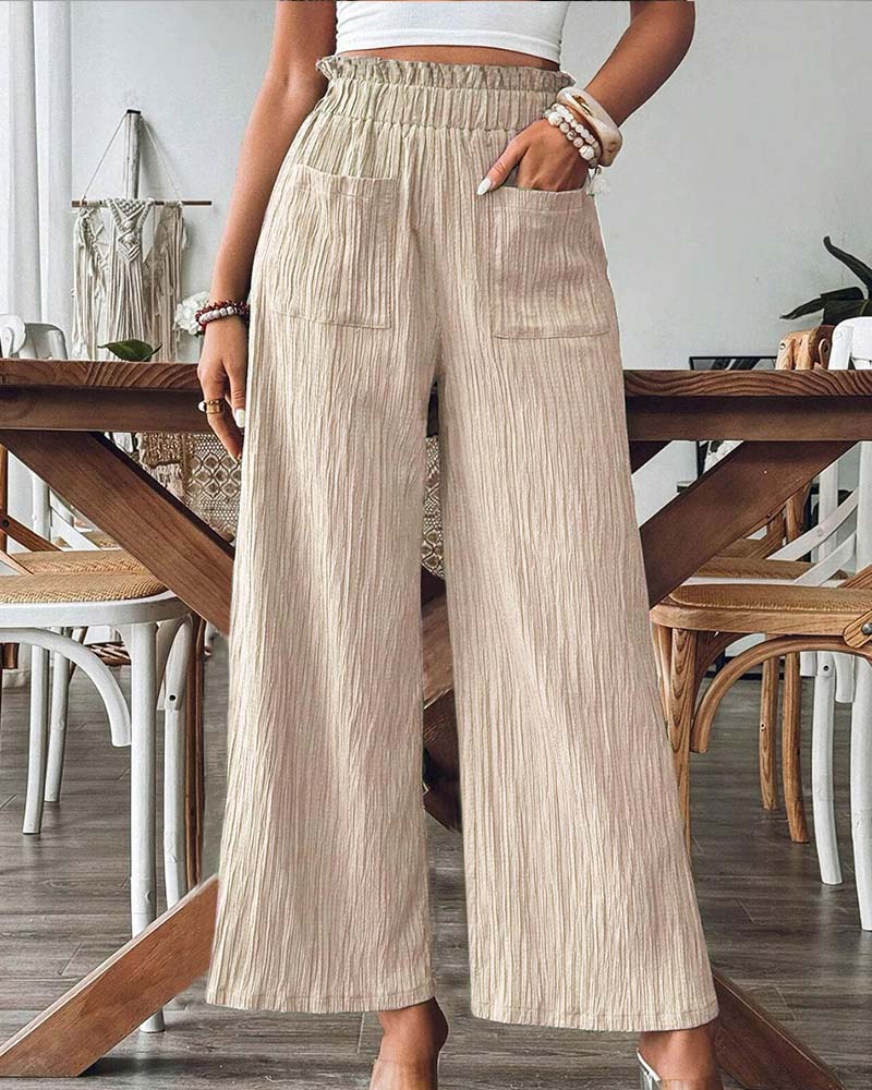 Pantalon Poche Appliquée Unie Taille Élastique Décontracté