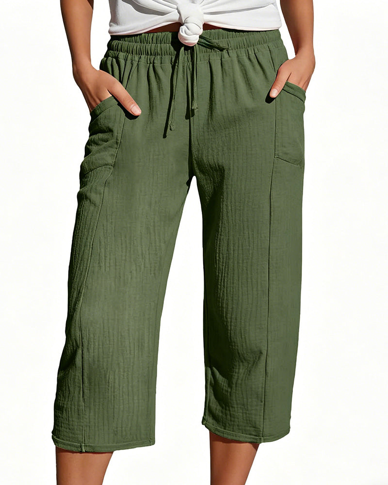 Pantalon Unie Cordon De Serrage Jambe Large Racourci