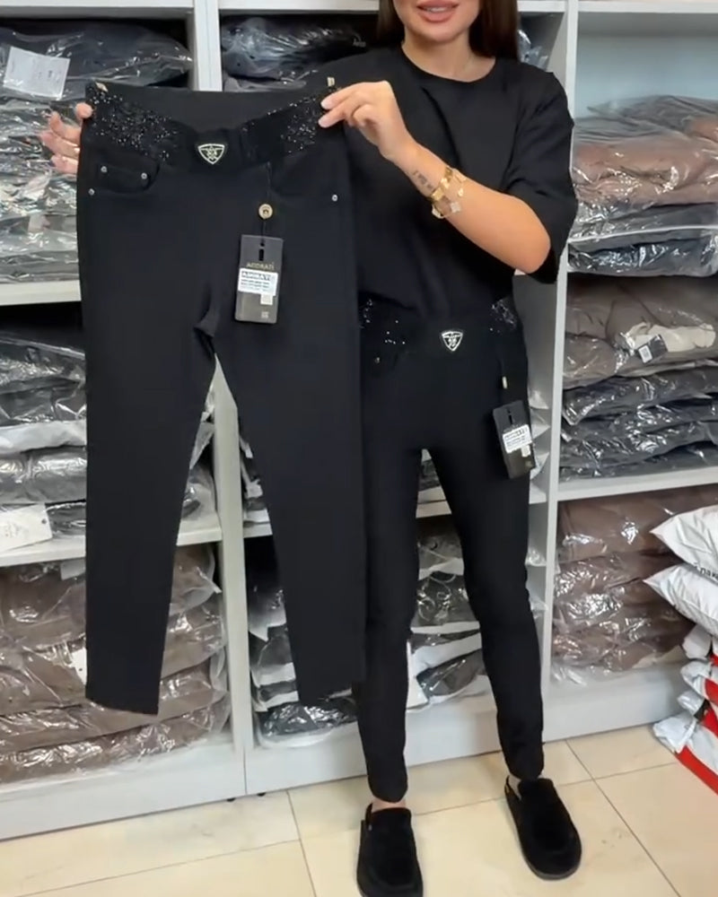 Pantalon Élégant Uni Et Stretch