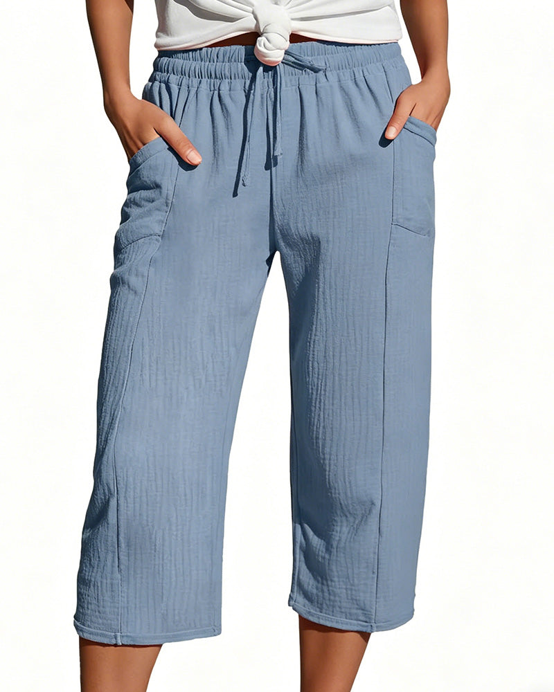Pantalon Unie Cordon De Serrage Jambe Large Racourci