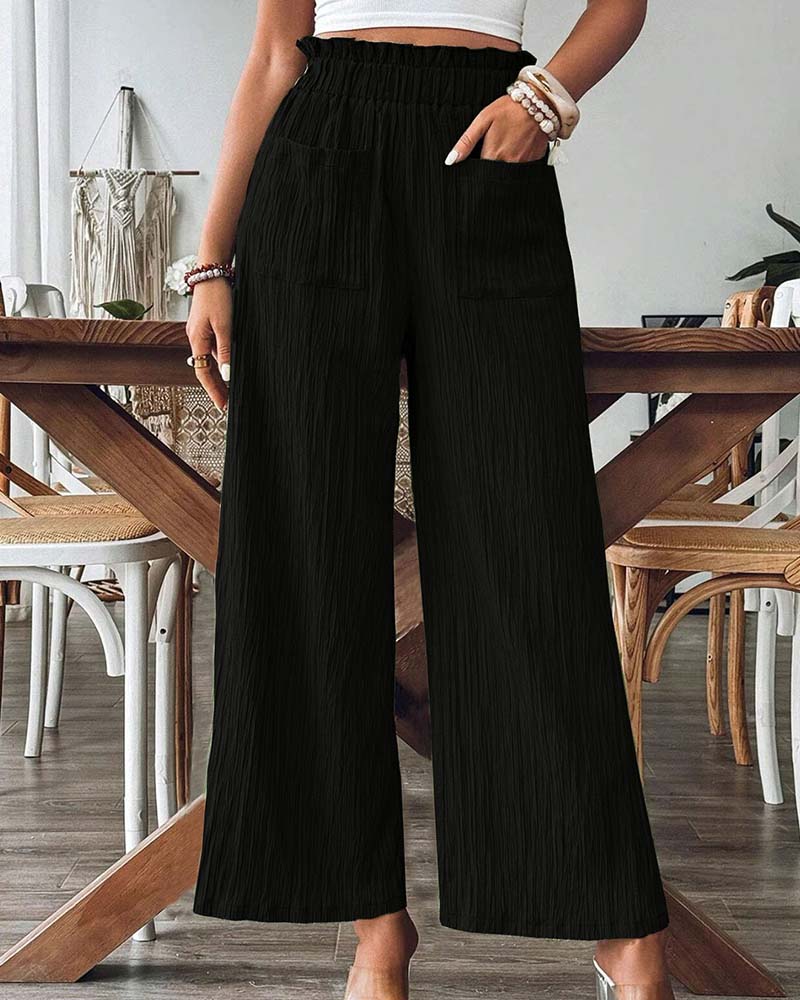 Pantalon Poche Appliquée Unie Taille Élastique Décontracté