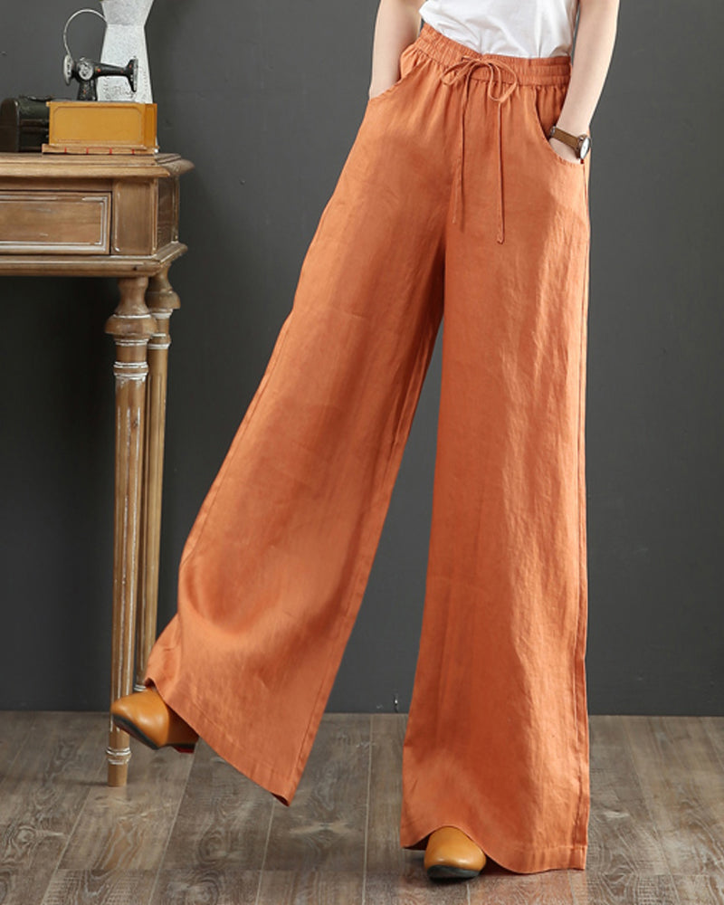 Pantalon large taille haute de couleur unie