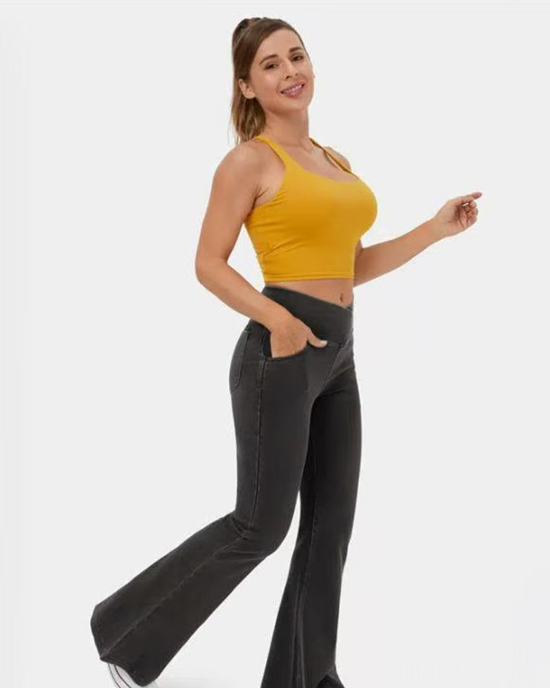 Pantalon Haute Élasticité Mode Poche Évasé