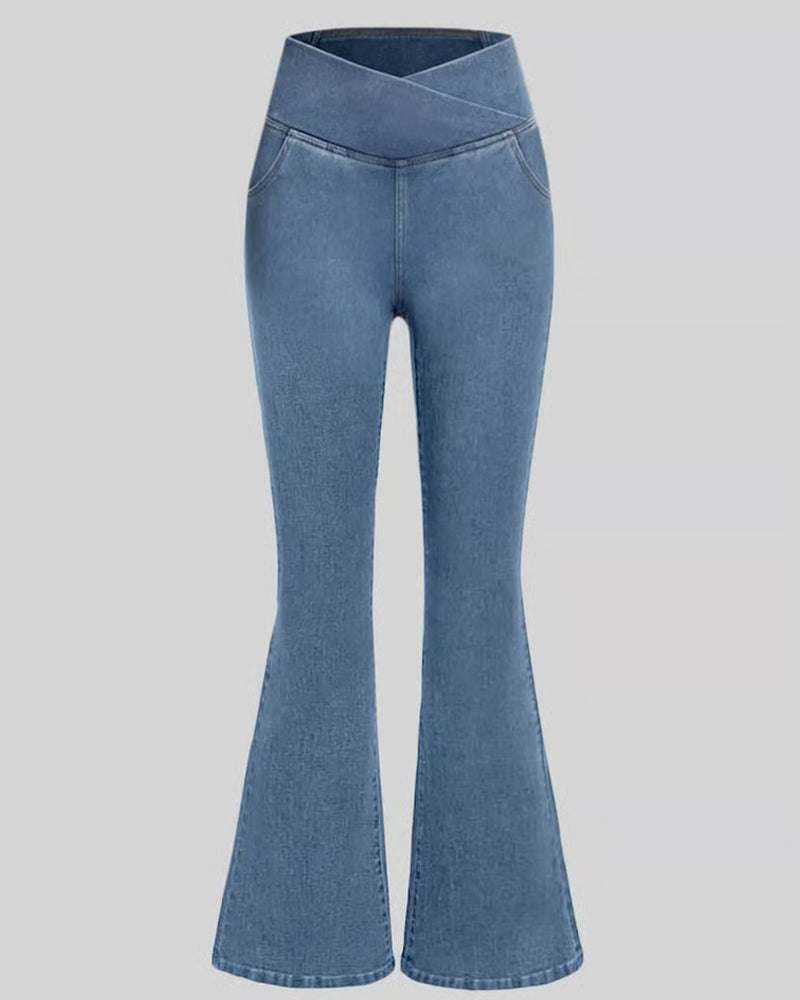 Pantalon Haute Élasticité Mode Poche Évasé