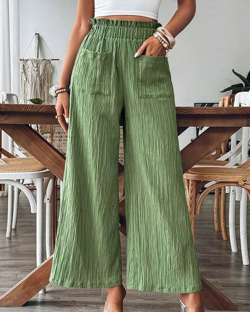 Pantalon Poche Appliquée Unie Taille Élastique Décontracté