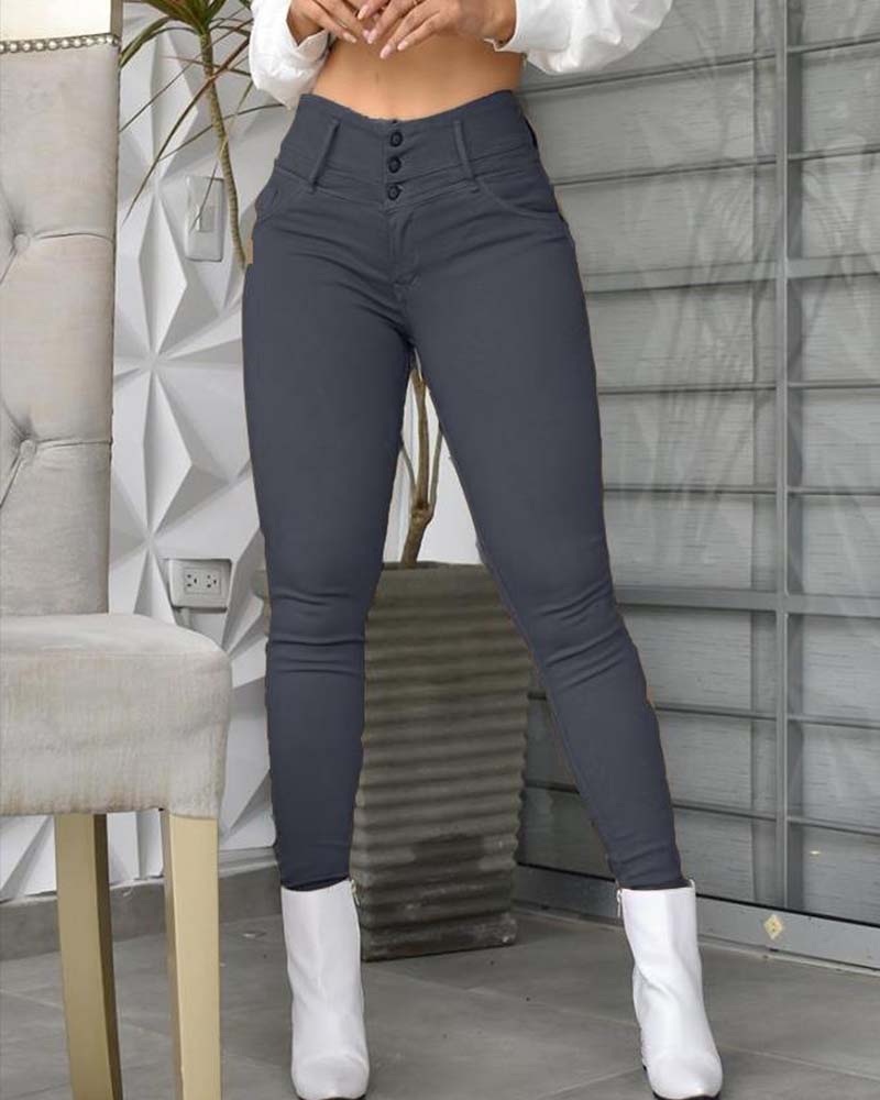 Pantalon Taille Haute Poche Bouton Mince