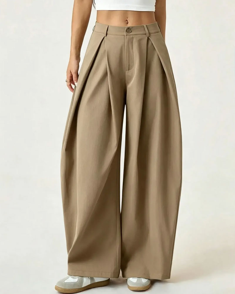 Pantalon Taille Haute Plissé Jambe Large