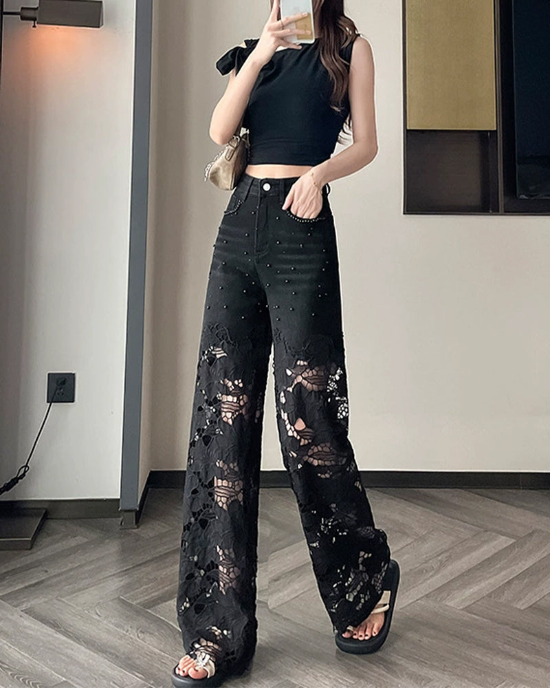 Jeans Femme Strass Découpé Jambe Large