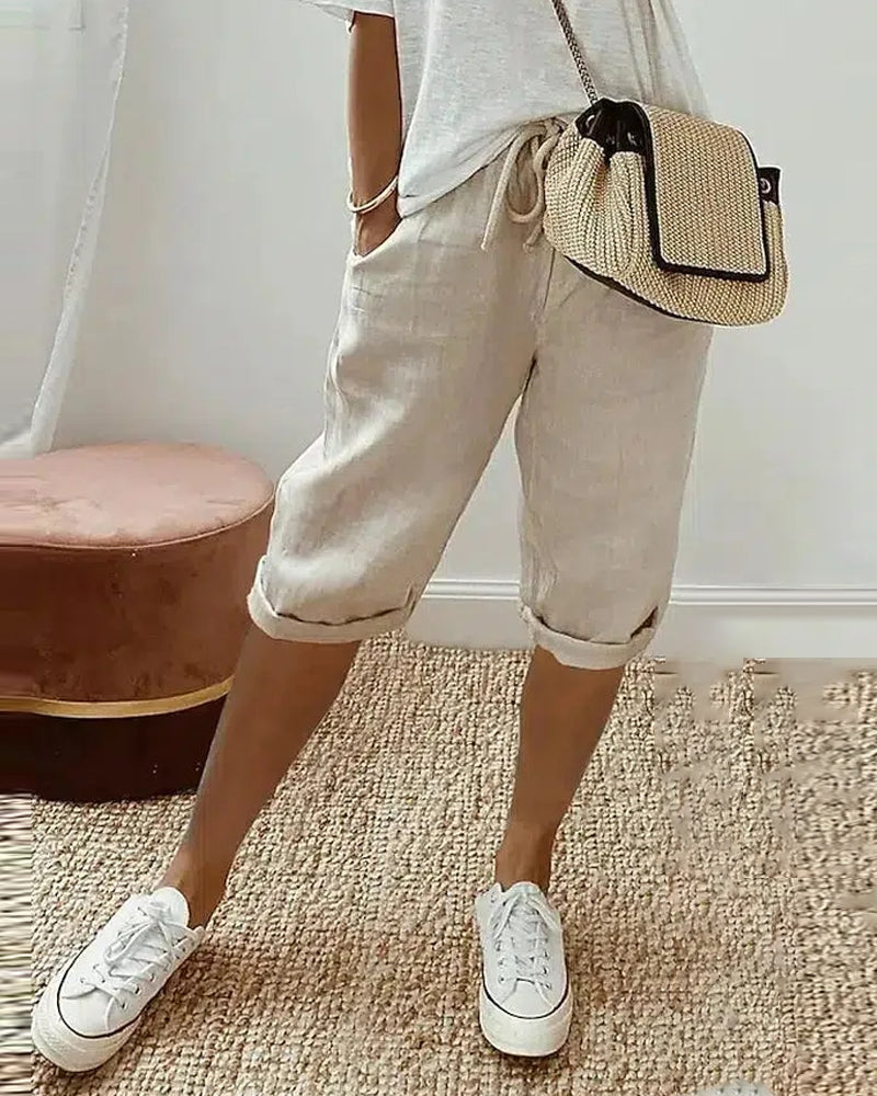 Pantalon confortable avec cordon de serrage de couleur unie