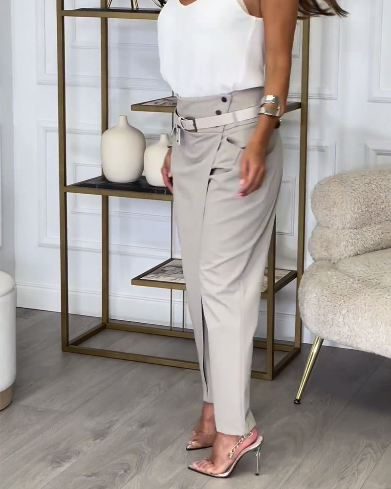 Pantalon patchwork irrégulier à poches de couleur unie à la mode
