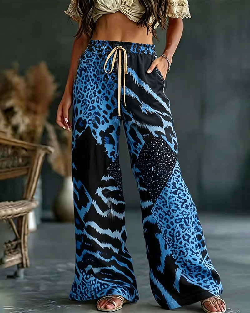 Pantalon Léopard Imprimé Patchwork Jambe Large Casual