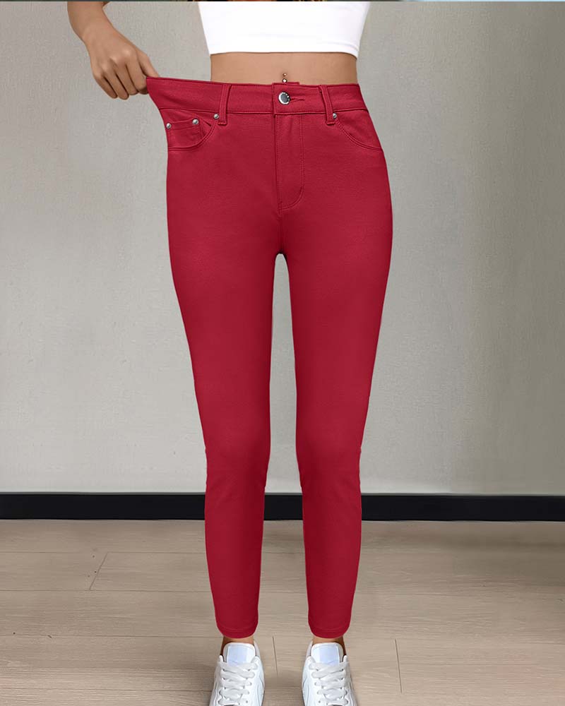 Pantalon Femmes Poche Unie Slim Décontracté