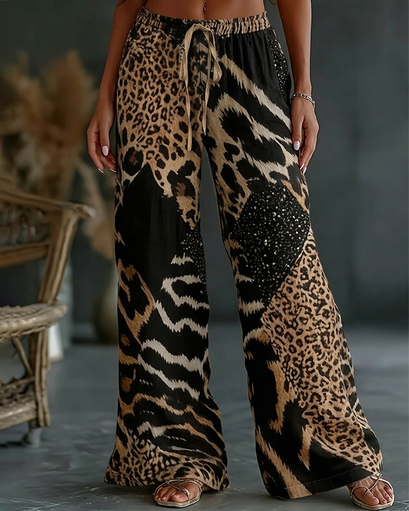 Pantalon Léopard Imprimé Patchwork Jambe Large Casual