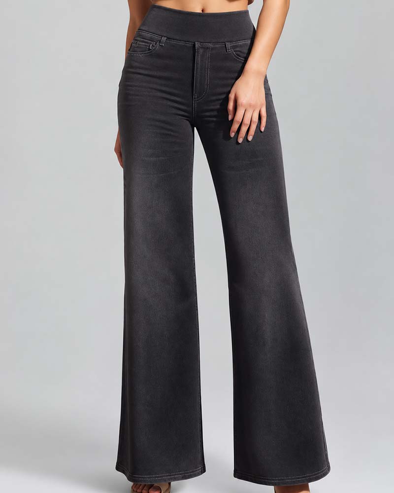 Pantalon Taille Élastique Denim Large Jambe