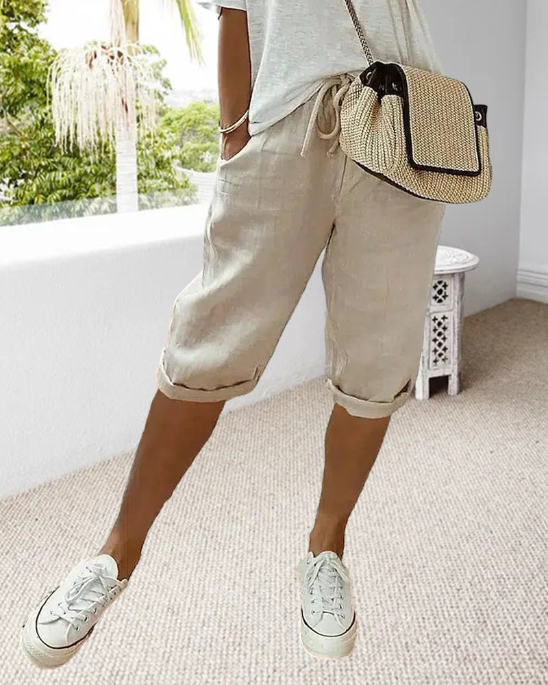 Pantalon confortable avec cordon de serrage de couleur unie