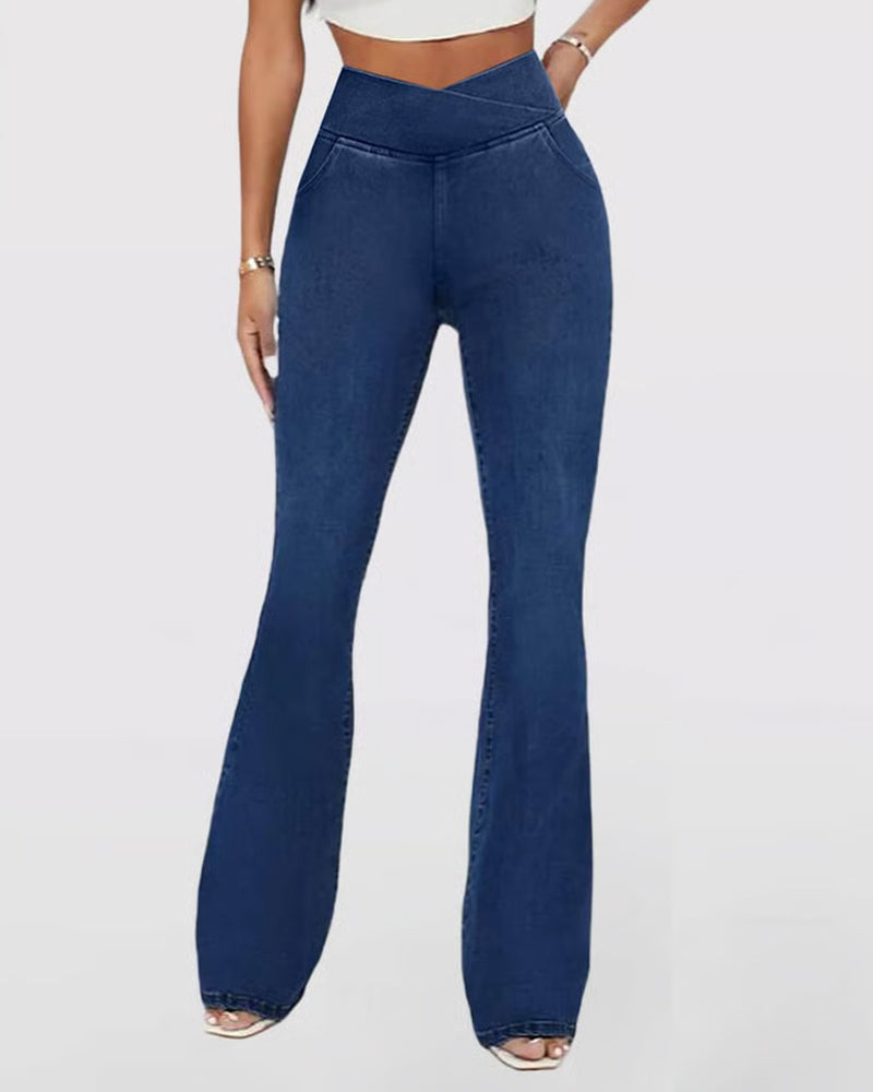 Pantalon Haute Élasticité Mode Poche Évasé