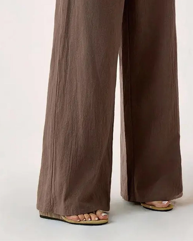 Pantalon Taille Élastique Poche Décontracté Large Jambe