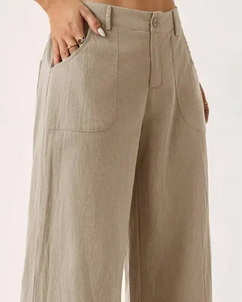 Pantalon Taille Élastique Poche Décontracté Large Jambe