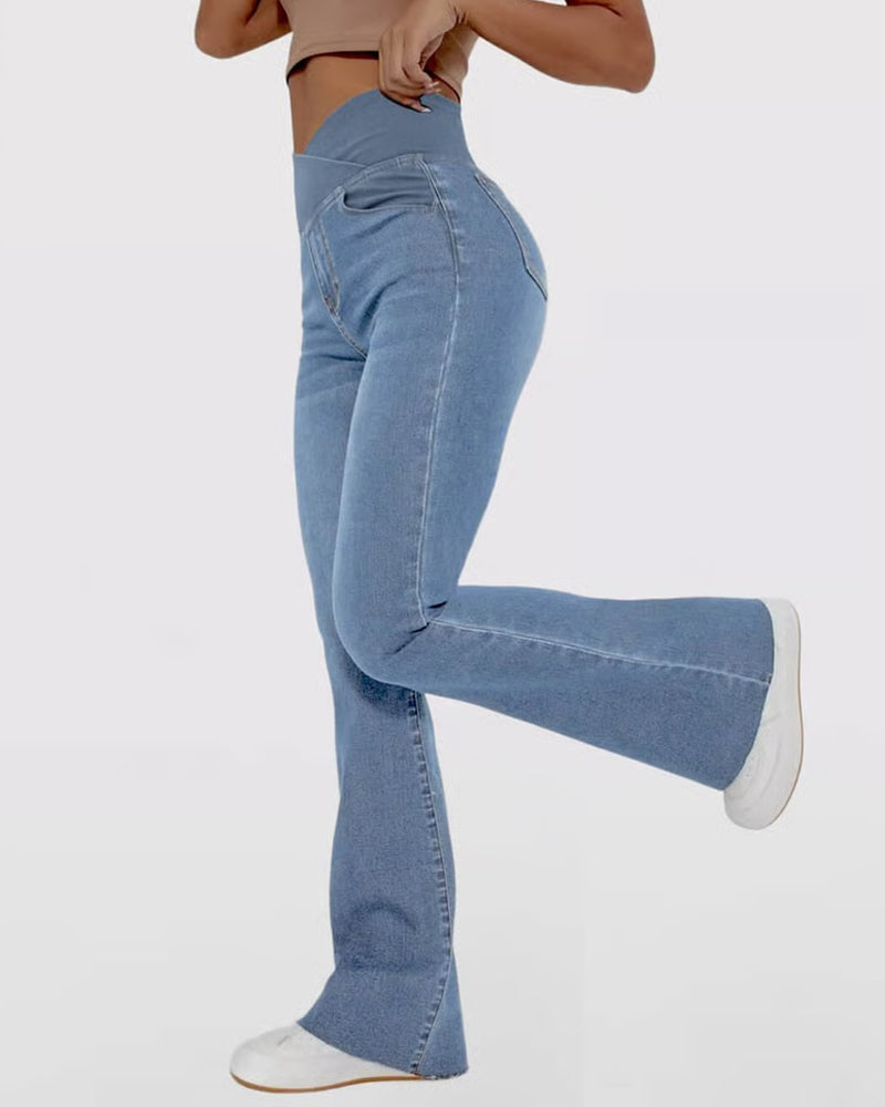 Pantalon Haute Élasticité Mode Poche Évasé