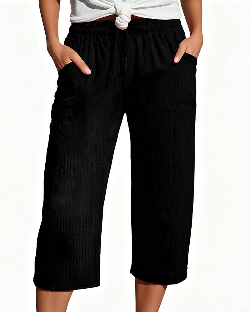 Pantalon Unie Cordon De Serrage Jambe Large Racourci