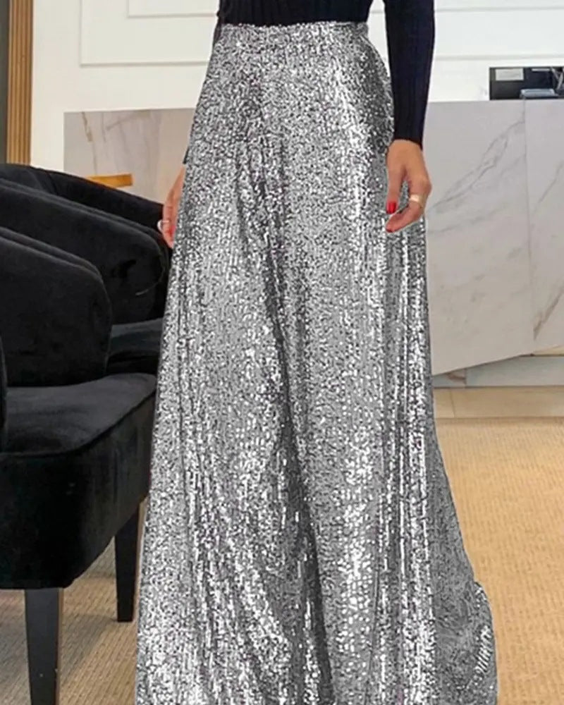 Pantalon large taille haute à sequins
