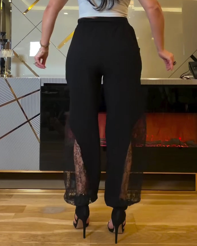 Pantalon Dentelle Patchwork Taille Élastique Lanterne