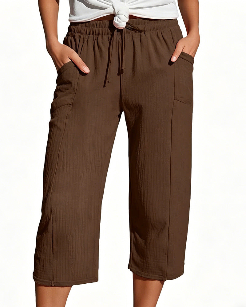 Pantalon Unie Cordon De Serrage Jambe Large Racourci