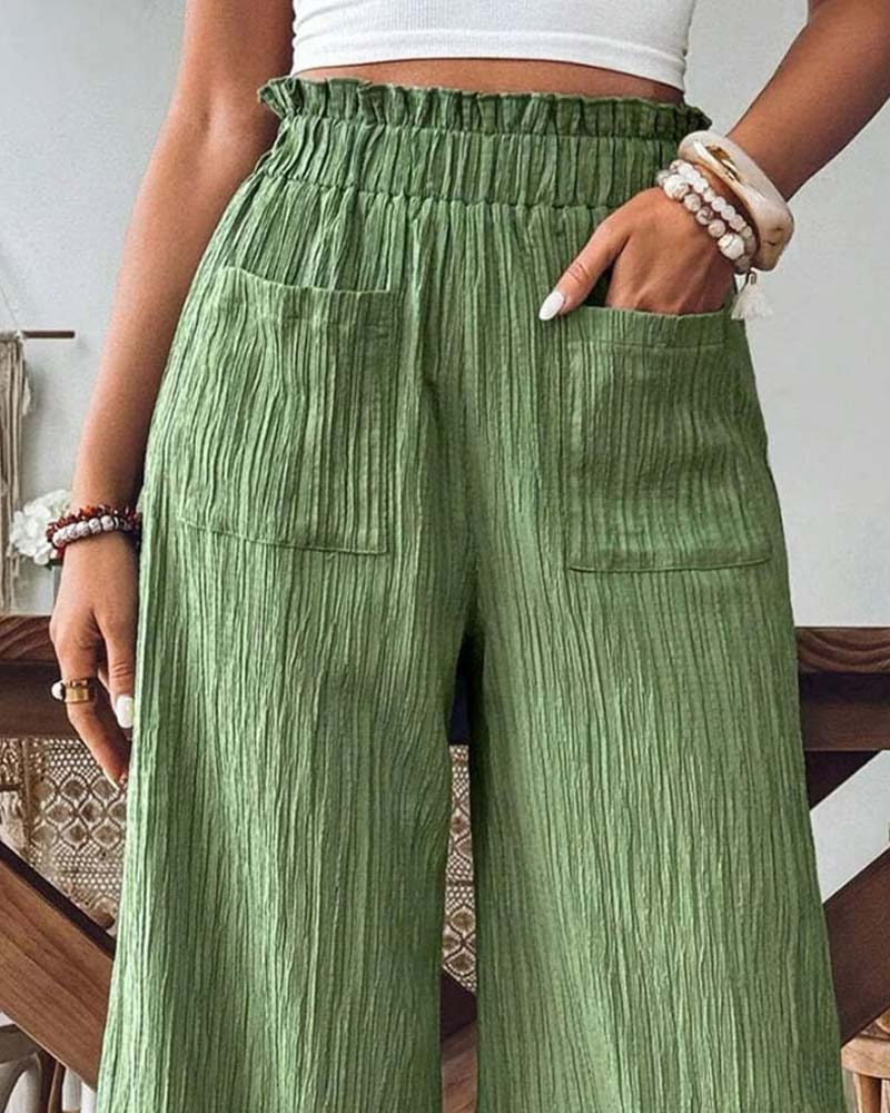 Pantalon Poche Appliquée Unie Taille Élastique Décontracté