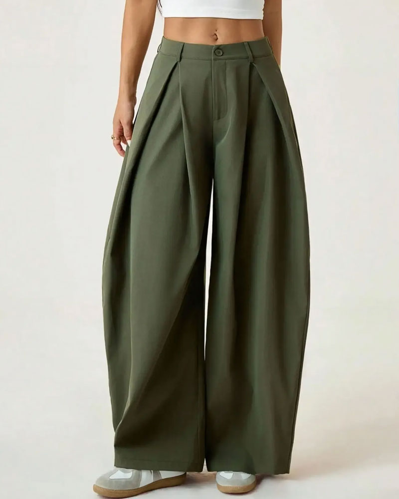 Pantalon Taille Haute Plissé Jambe Large